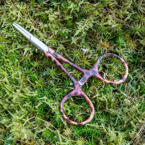 Simple fishing forceps in Gunmetal with Brown Trout or Rainbow Trout spot effect for easy fly removal.