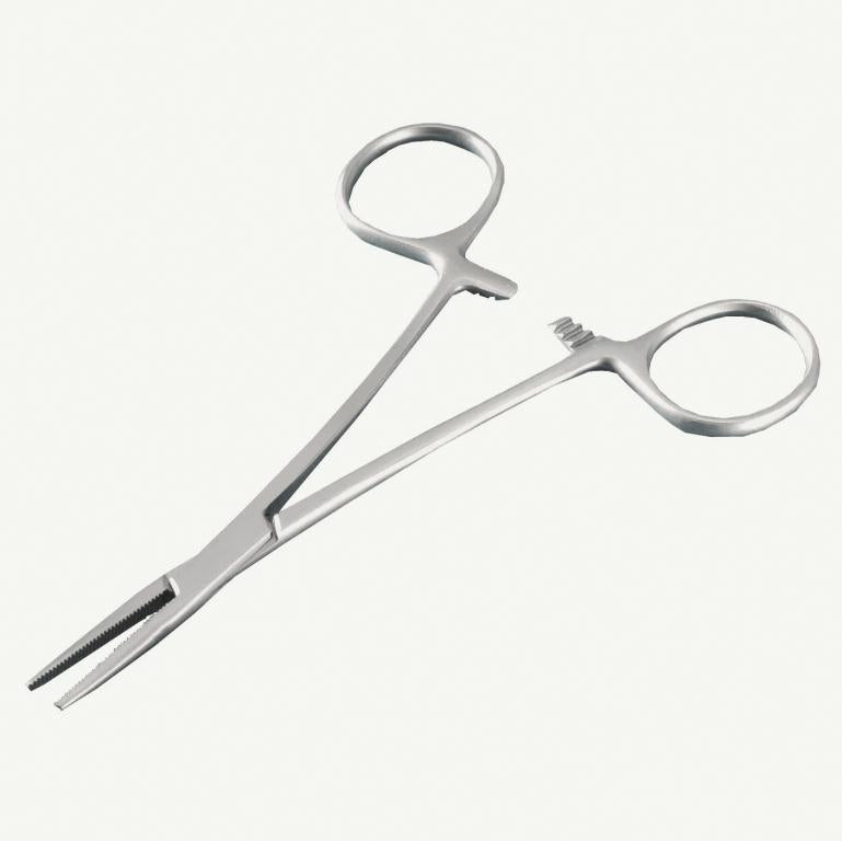 Simple fishing forceps in Gunmetal with Brown Trout or Rainbow Trout spot effect for easy fly removal.