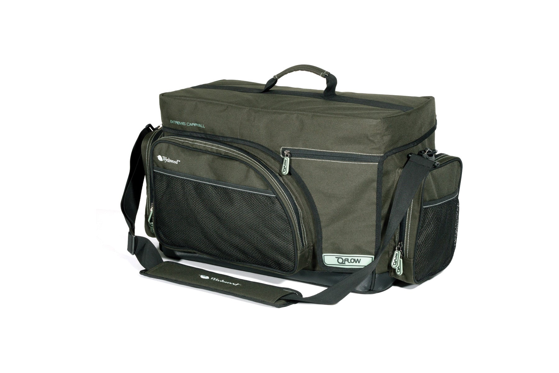 Wychwood Flow Extremis Carryall, 50L durable fishing bag with water-resistant base and multiple tackle pockets.