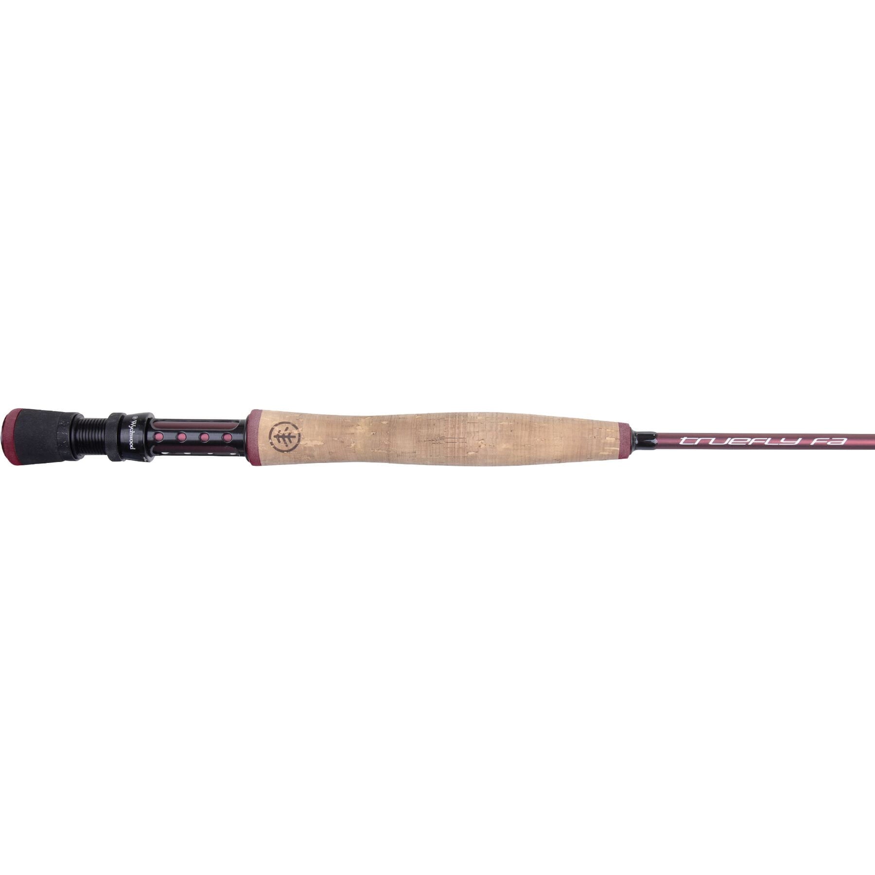 Wychwood Truefly rod with forgiving action, multi-layer carbon blank, and contemporary design in red.

