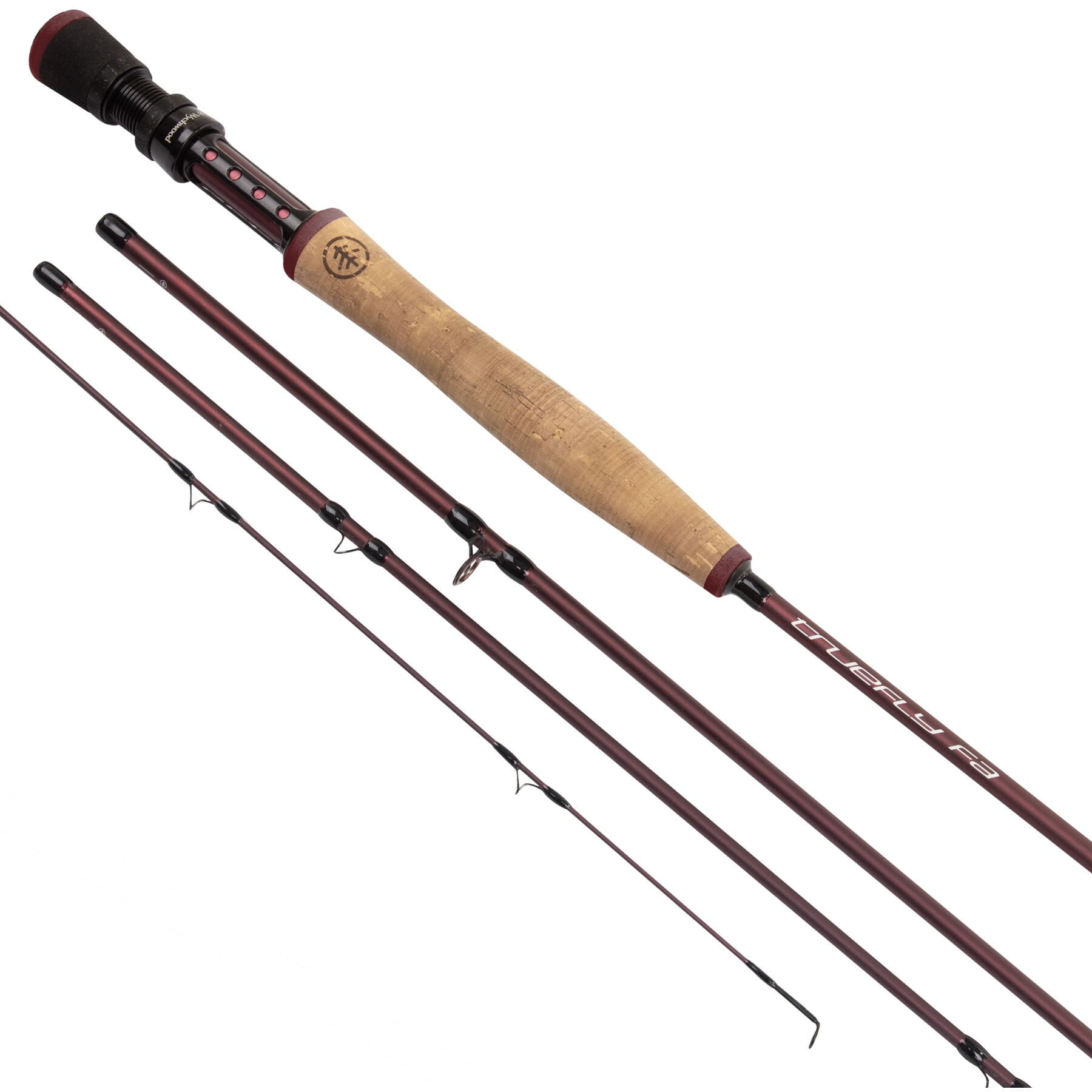 Wychwood Truefly rod with forgiving action, multi-layer carbon blank, and contemporary design in red.

